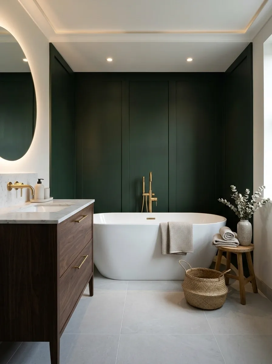Deep Forest Green Bathroom With a White Tub