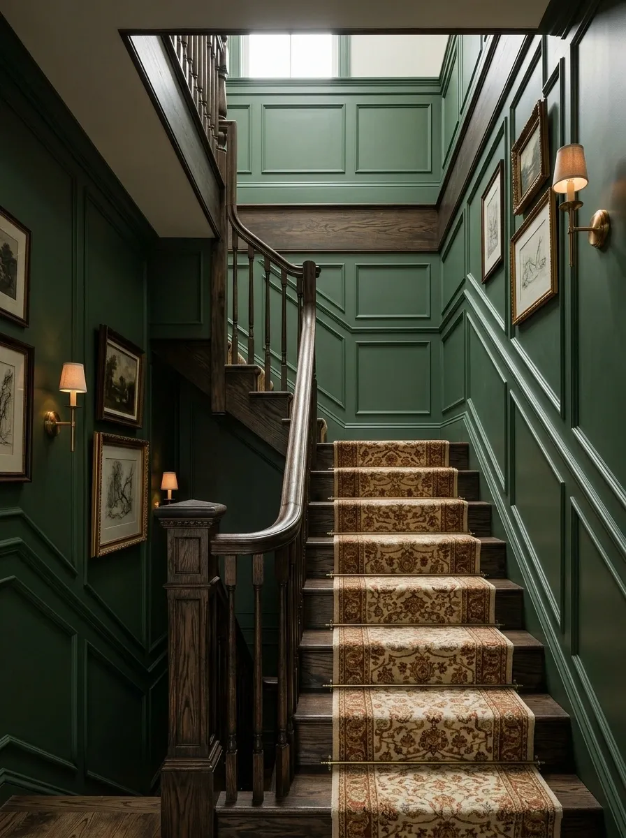 Deep Forest-Green Paneling With Brass Wall Lights