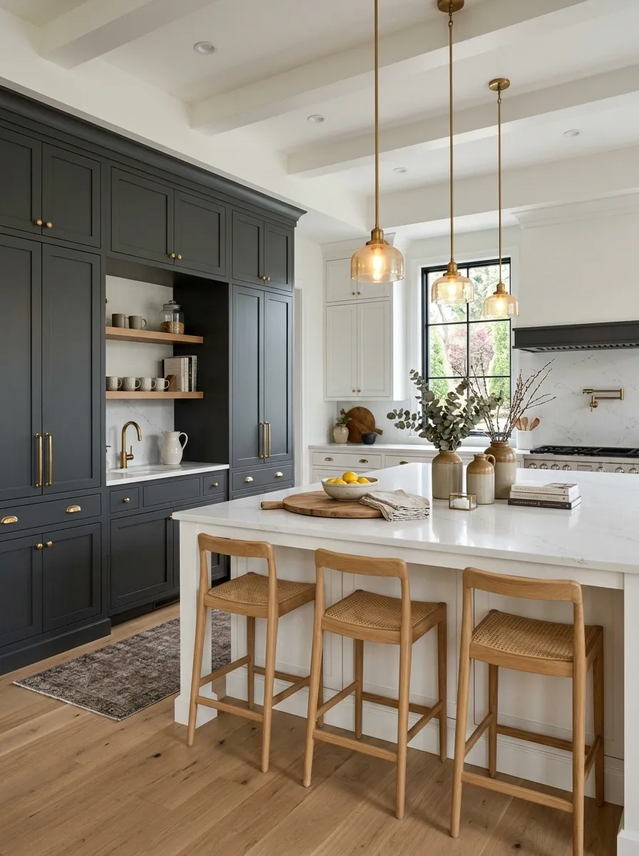 Deep Gray Pantry Wall With a White Island