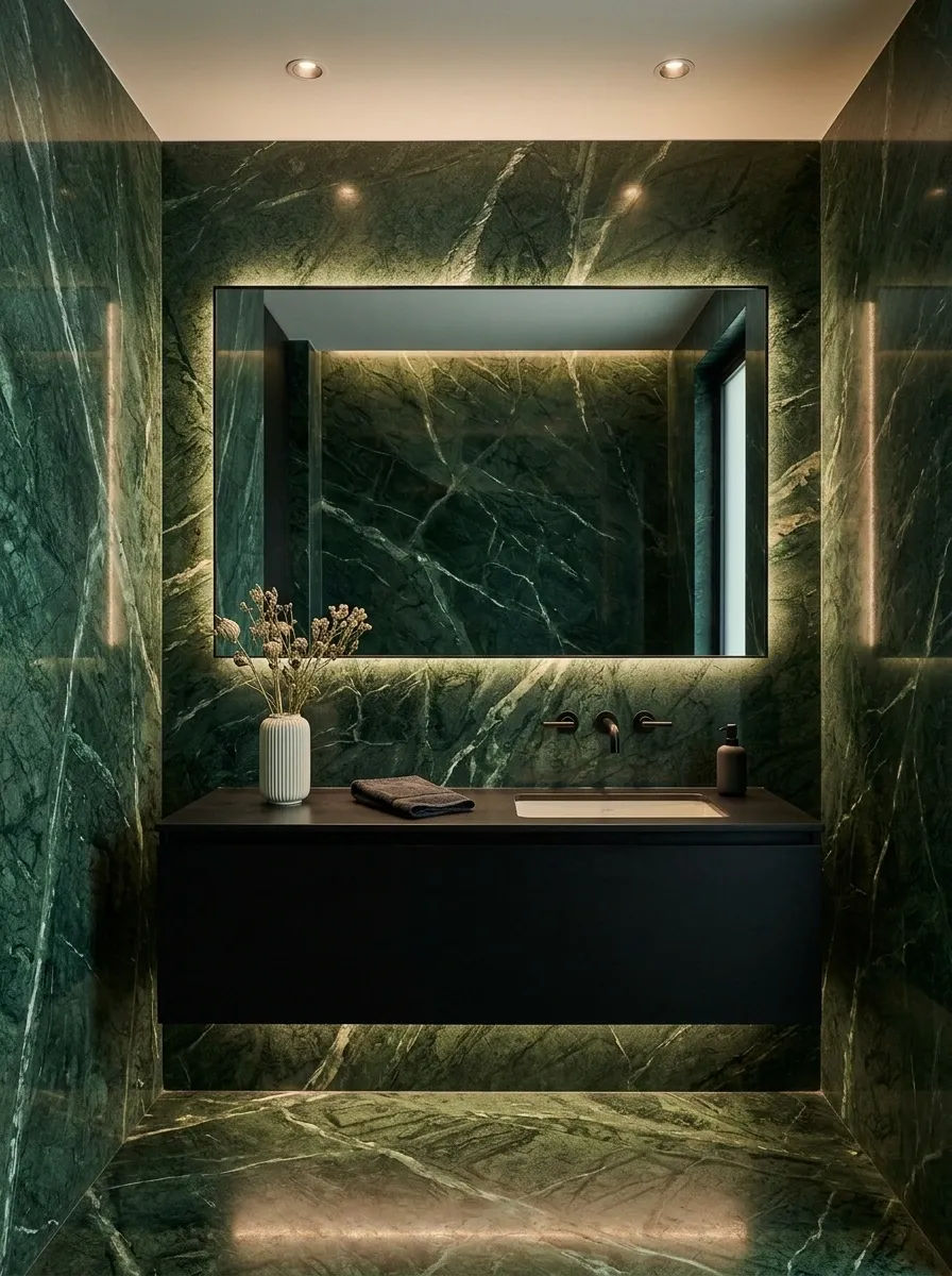 Deep Green Bathroom With Floor-to-Ceiling Stone