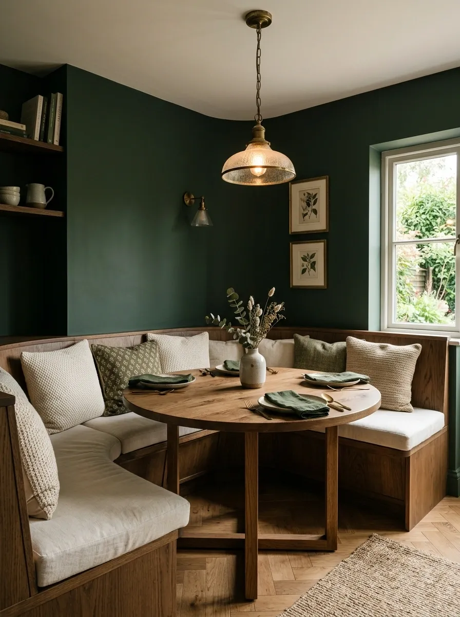 Deep Green Built-In Nook With Vintage Brass Lighting