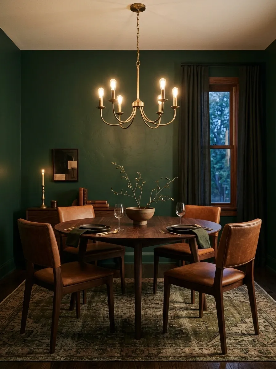 Deep Green Dining Room With Leather Chairs and Brass Lighting