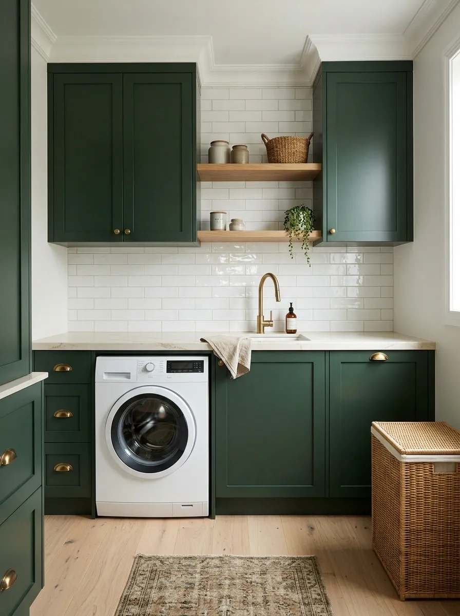 Deep Green Laundry Room With Traditional Cabinet Details