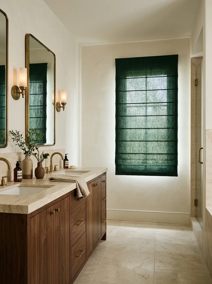 Deep Green Roman Shades in a Moody Bathroom