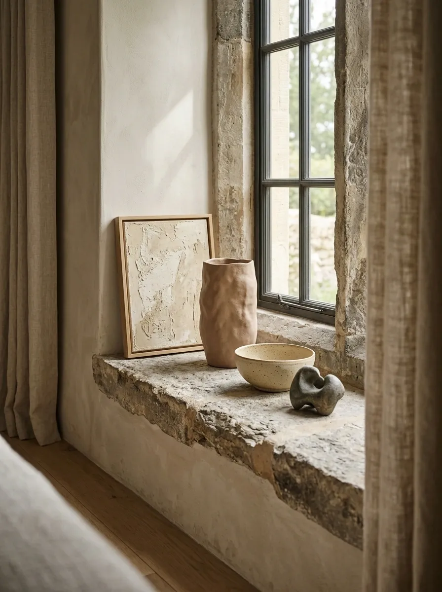 Deep Masonry Sill With Framed Art and Layered Pottery