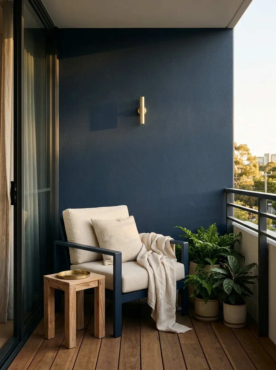 Deep Navy, Brass, and Warm Cream Balcony