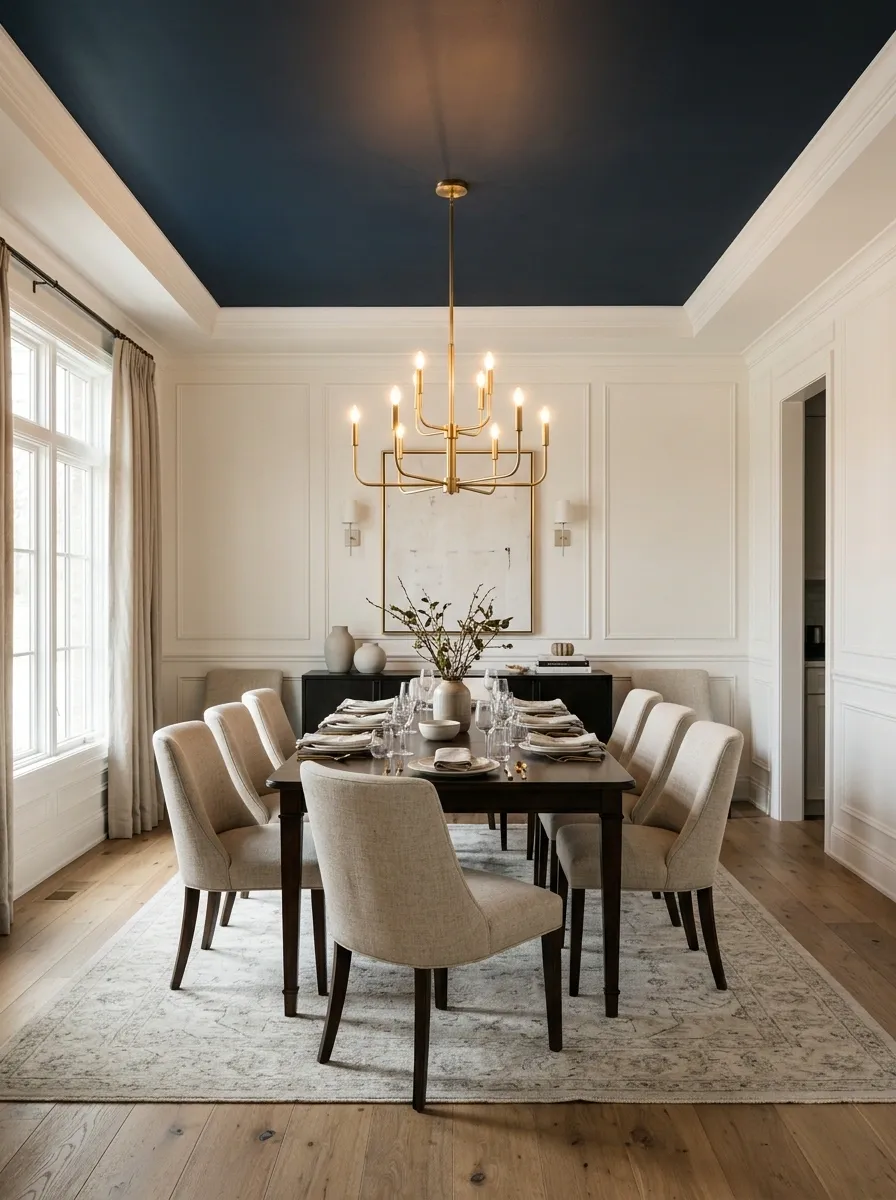Deep Navy Ceiling With Light Walls and a Brass Chandelier