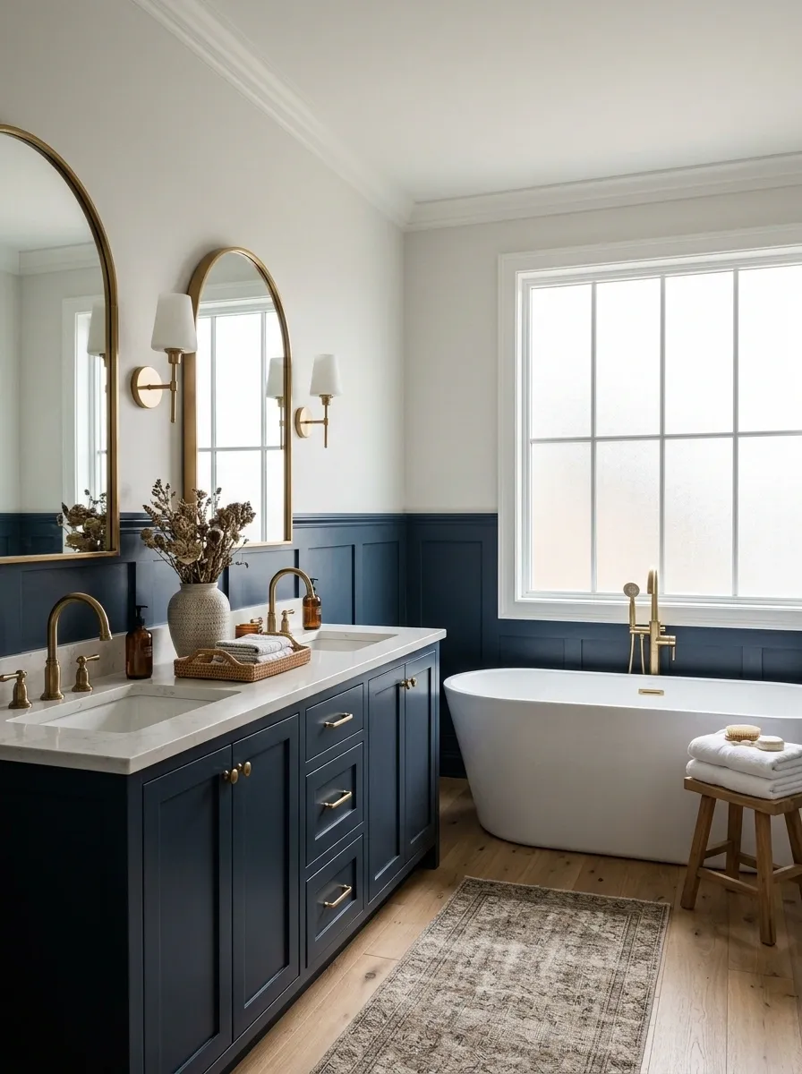 Deep Navy Farmhouse Bathroom With Antique-Inspired White Fixtures