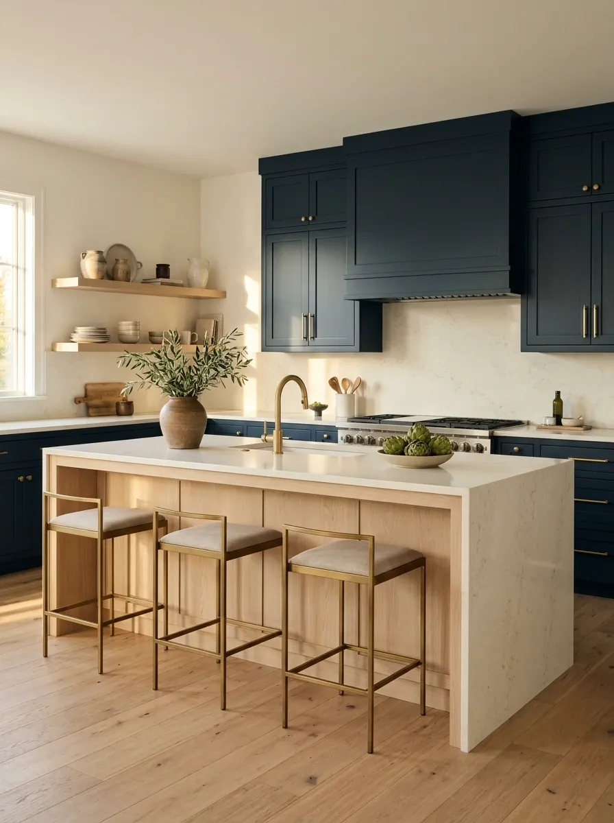 Deep Navy Kitchen With Pale Oak and Cream Quartz