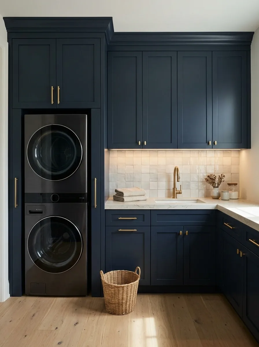 Deep Navy Laundry Built-In With Stone-Look Countertops