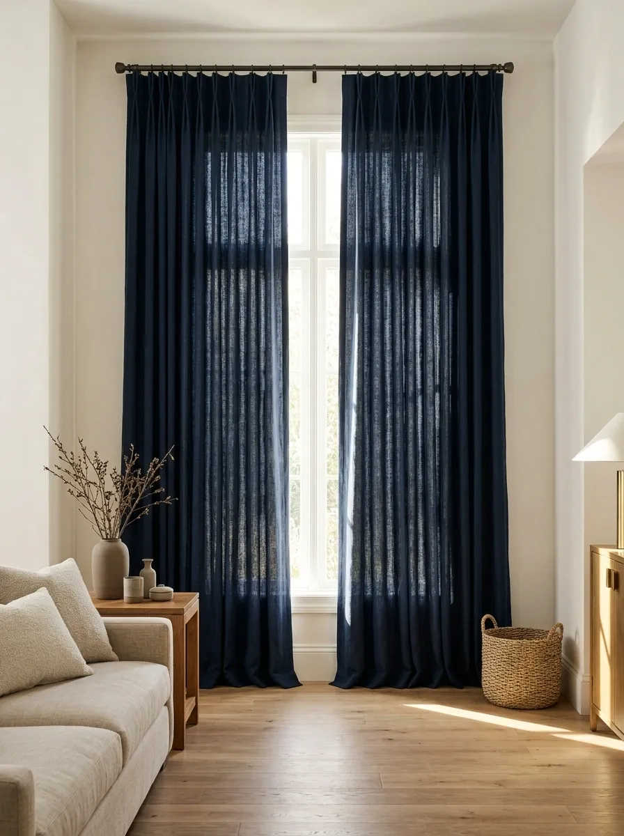 Deep Navy Pleated Curtains With Tailored Fullness