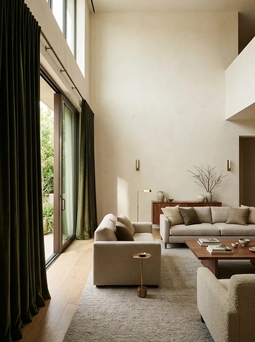 Deep Olive Velvet Curtains in a Rich Contemporary Living Room