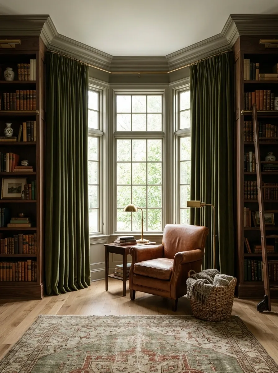 Deep Olive Velvet Curtains in a Walnut Library