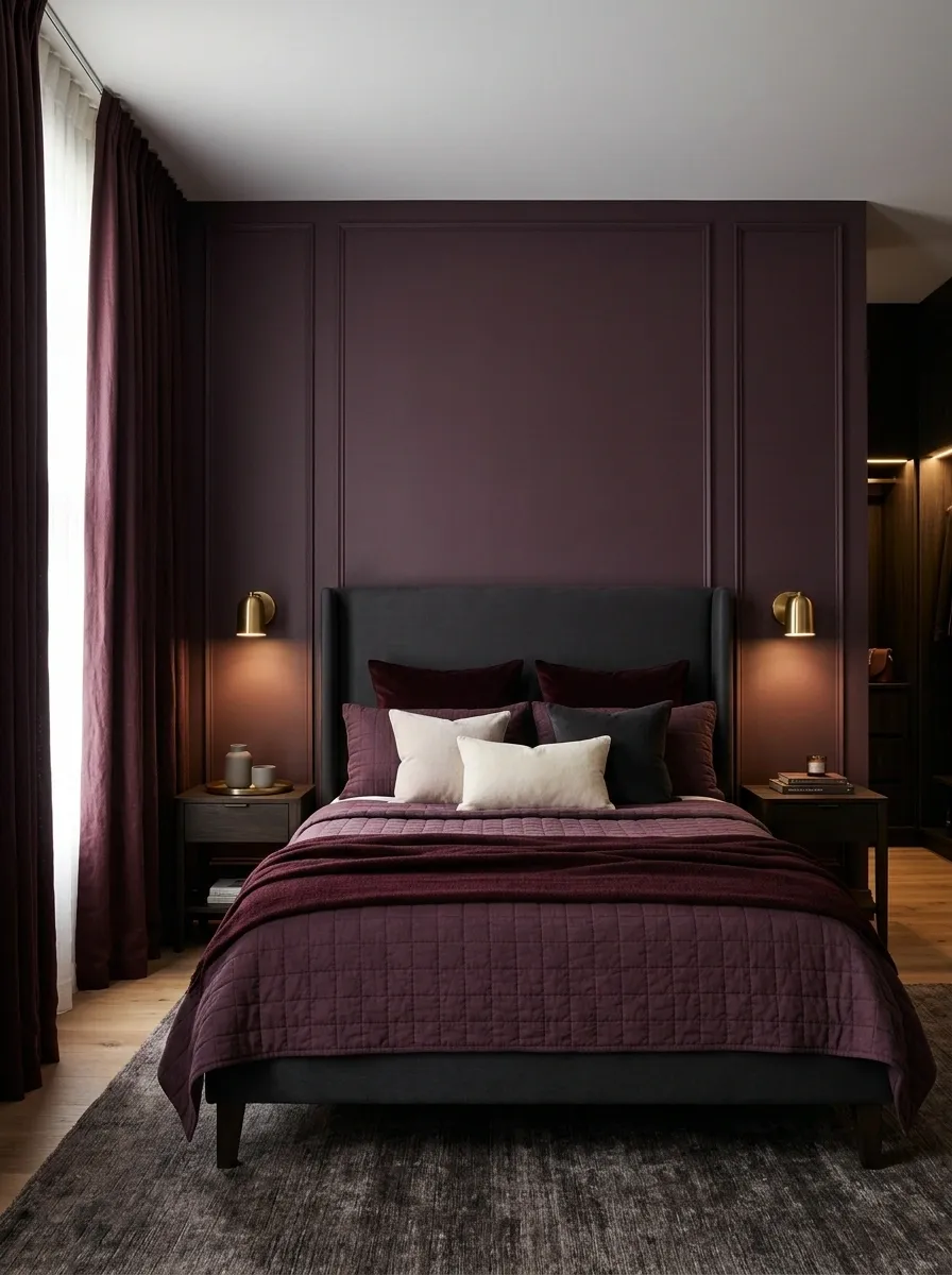 Deep Plum Bedroom With Burgundy Textiles and Warm Metallic Lighting
