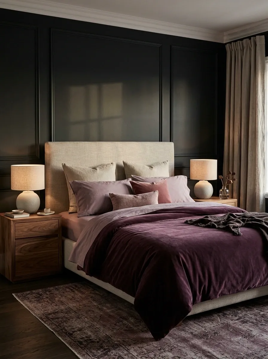 Deep Plum Velvet Bedding With Soft Romantic Layers