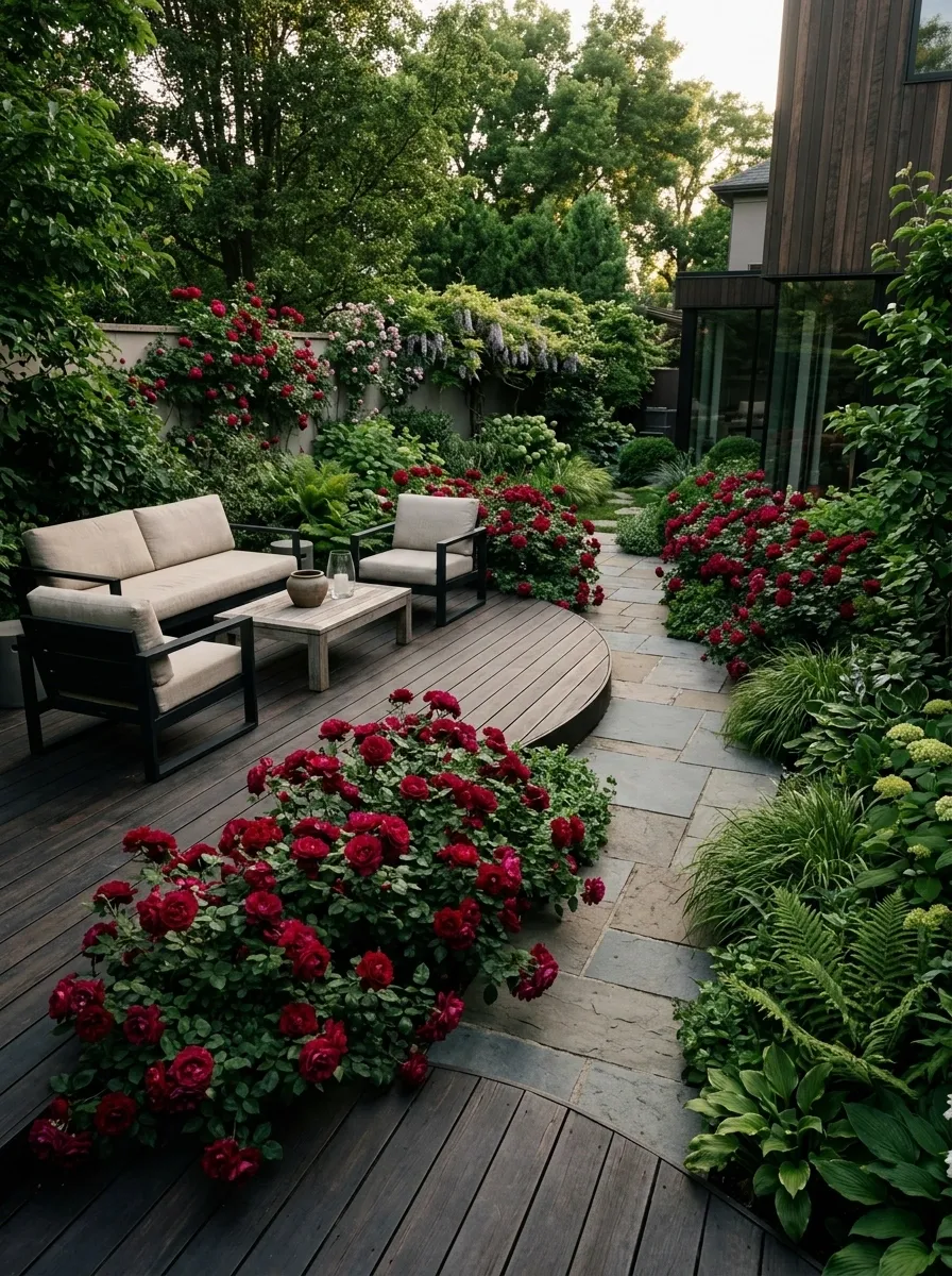 Deep Red Roses Around a Dark Wood Patio