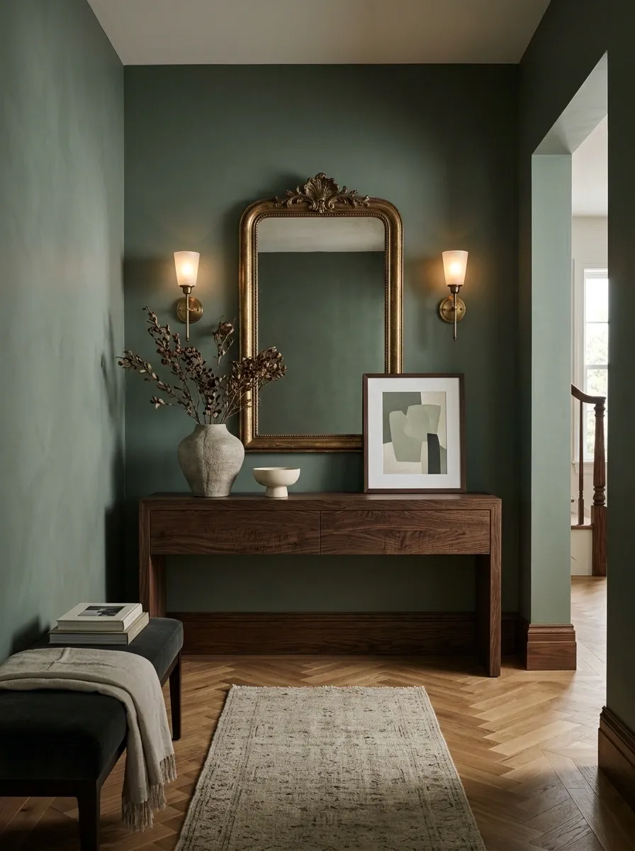 Deep Sage Foyer With Dark Wood and Aged Brass