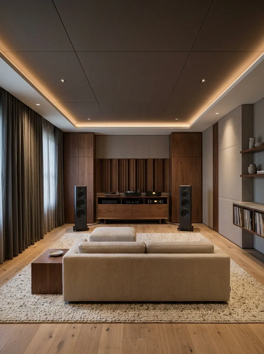 Deep Taupe Acoustic Ceiling in a Dedicated Listening Room