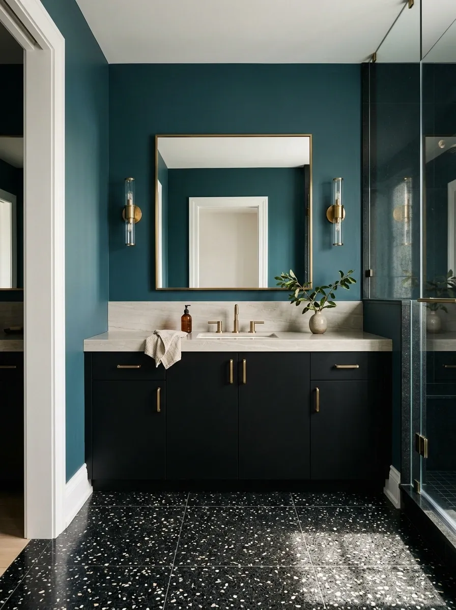 Deep Teal Bathroom With Black Terrazzo