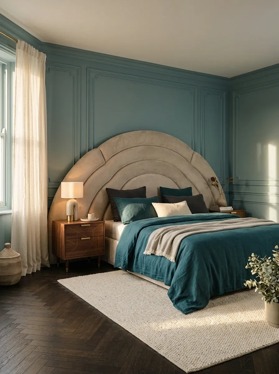Deep Teal Bedding in an Art Deco Inspired Bedroom