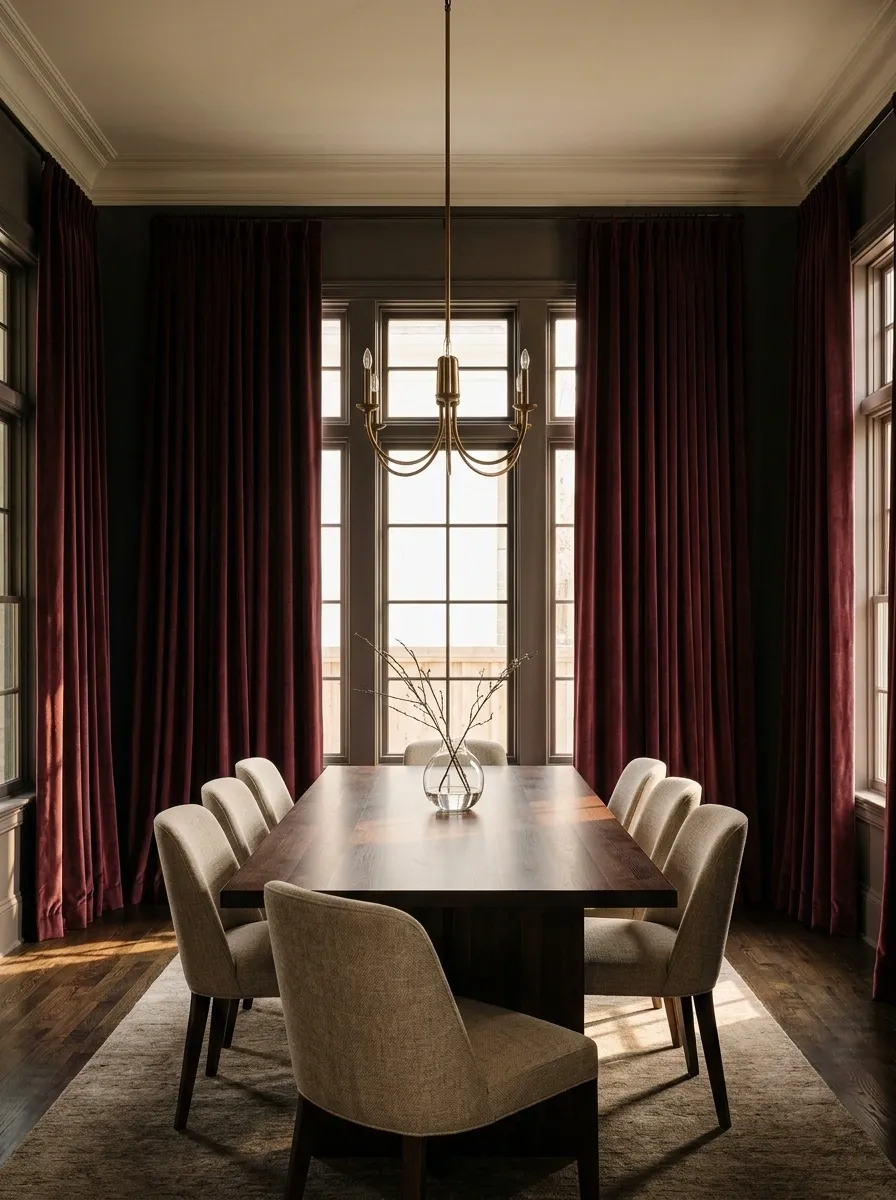 Deep Velvet Drapes in a Moody Formal Dining Room