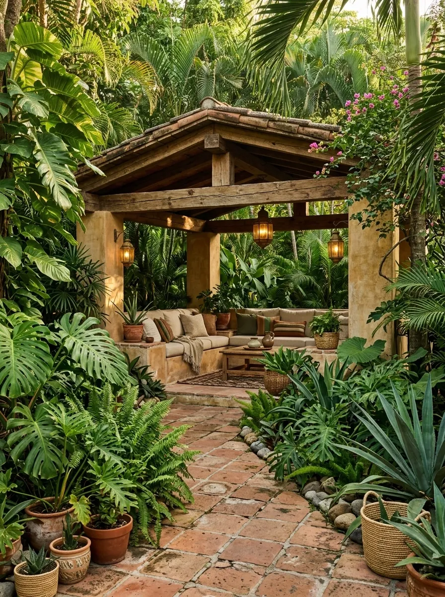 Deeply Planted Mexican Backyard With a Covered Conversation Pavilion
