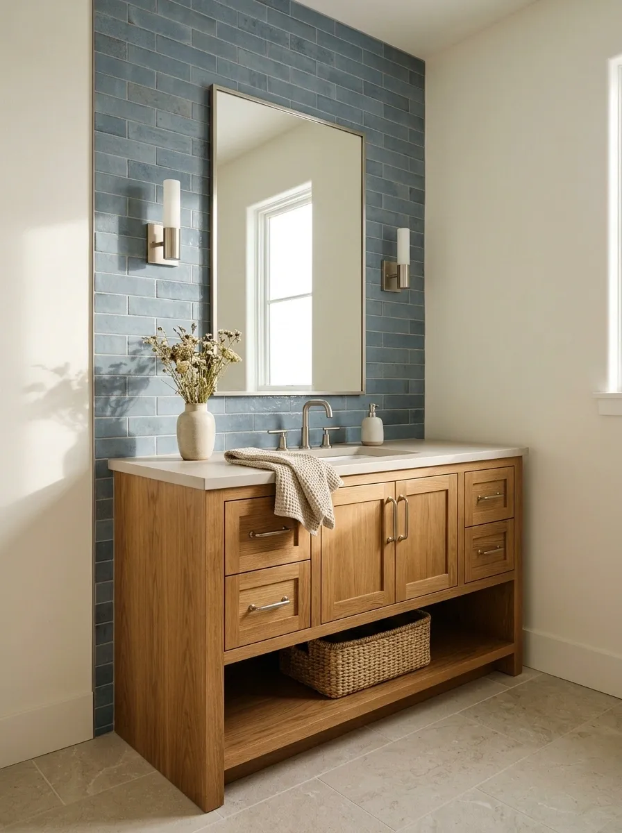 Denim Blue Western Bathroom With Honey Oak and Cream