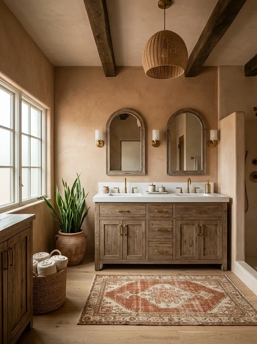 Desert Bohemian Bathroom With Woven Texture and Clay Walls