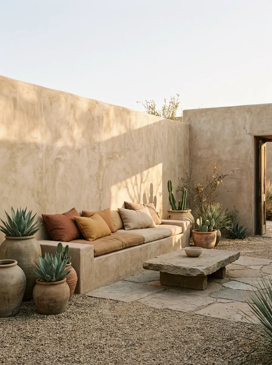 Desert Courtyard With Earthy Seating and Sculptural Planting