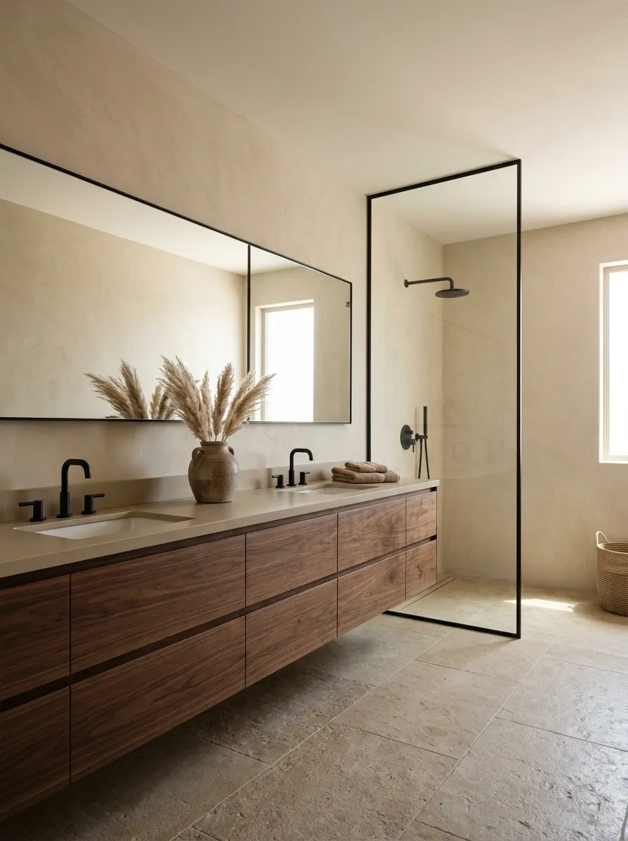 Desert Modern Bathroom With Floating Walnut Cabinetry