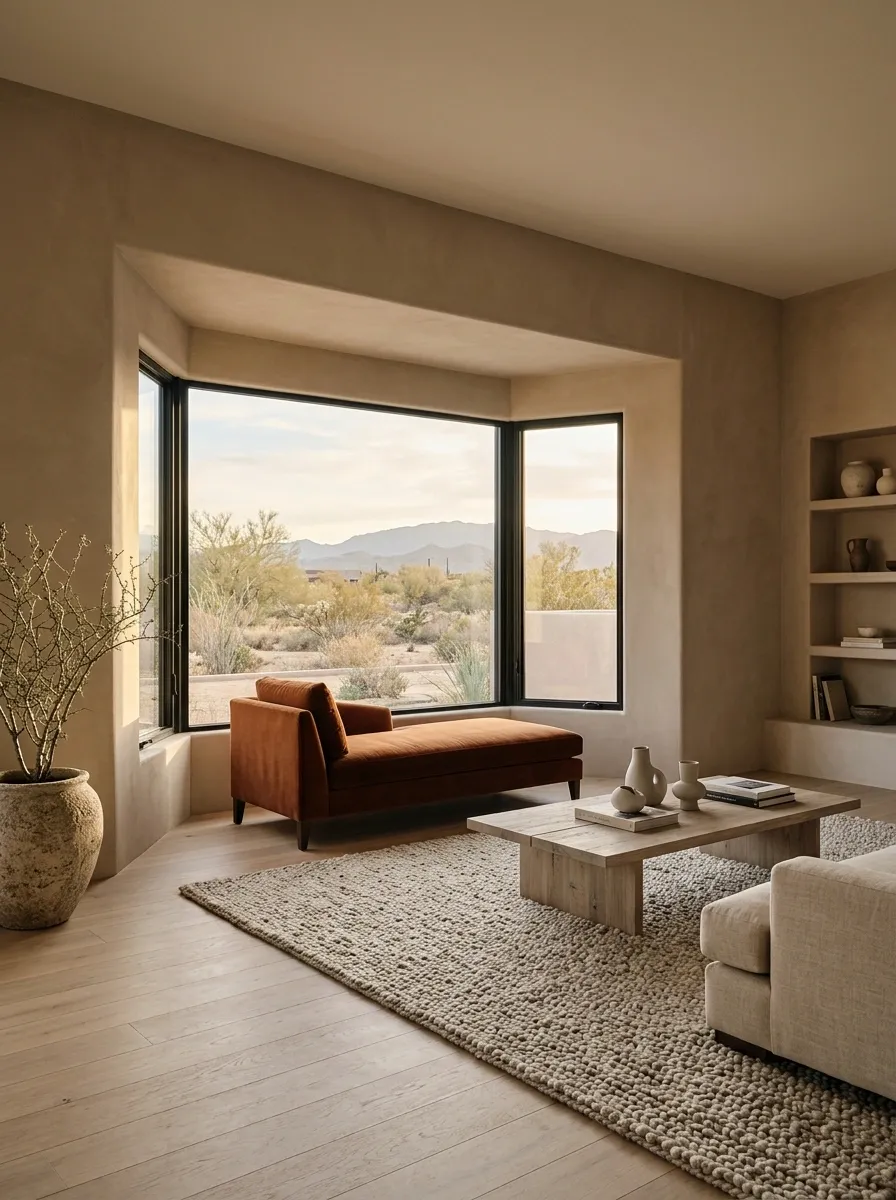 Desert Modern Bay Window With Warm Plaster and a Rust-Colored Chaise
