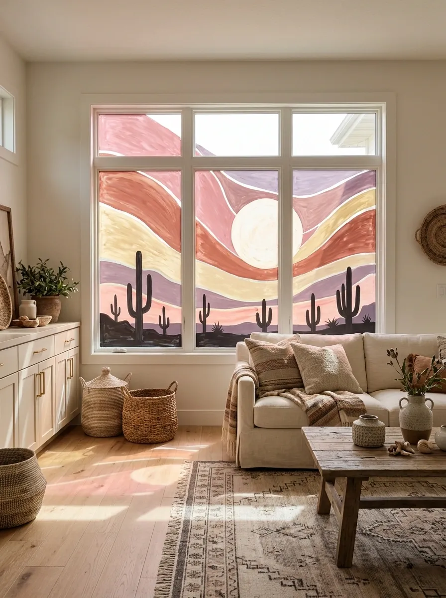 Desert Sunset With Layered Cacti and Warm Horizon Bands