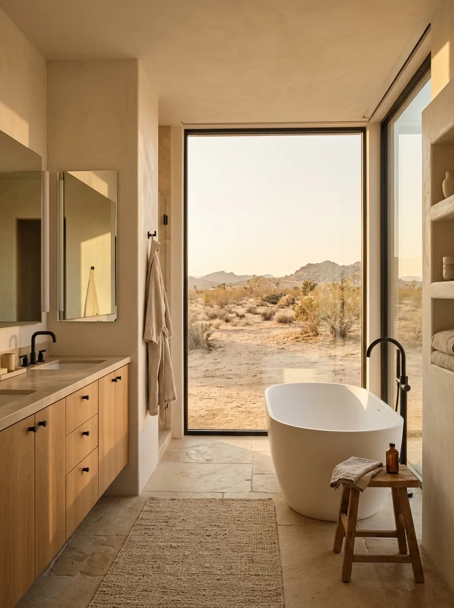 Desert View Bathroom With a Window-Framed Soaking Tub