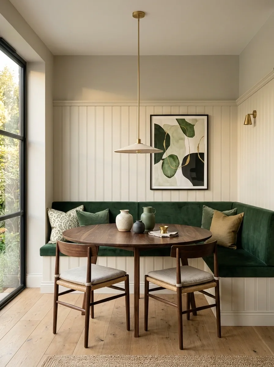 Dining Banquette With Half-Wall Beadboard and Deep Green Upholstery