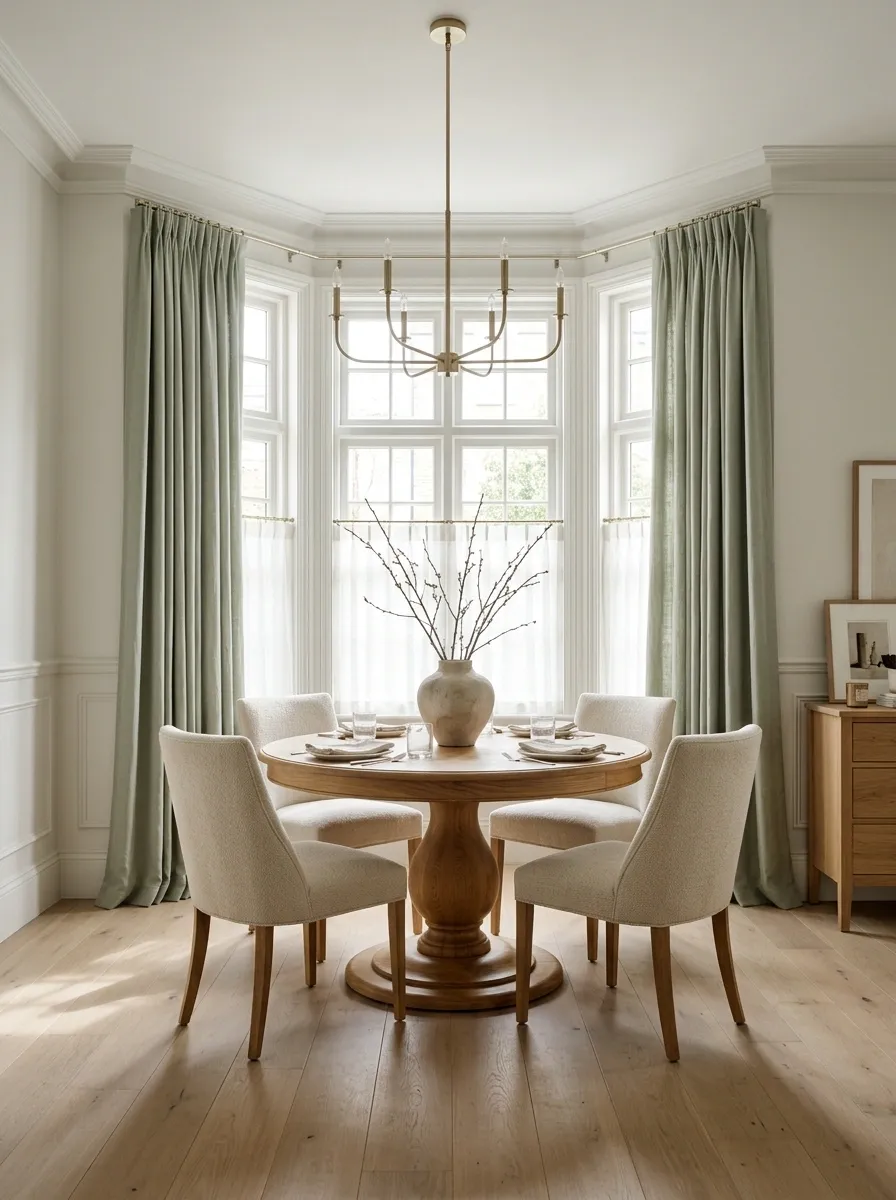 Dining Bay With Full-Length Sage Curtains and a Round Pedestal Table