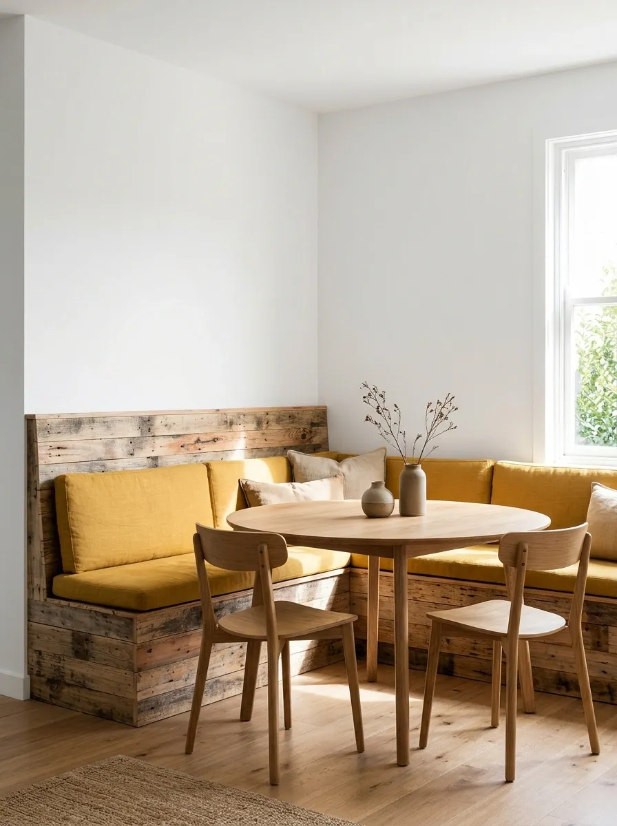 Dining Nook With Pallet-Board Banquette Cladding and Mustard Upholstery