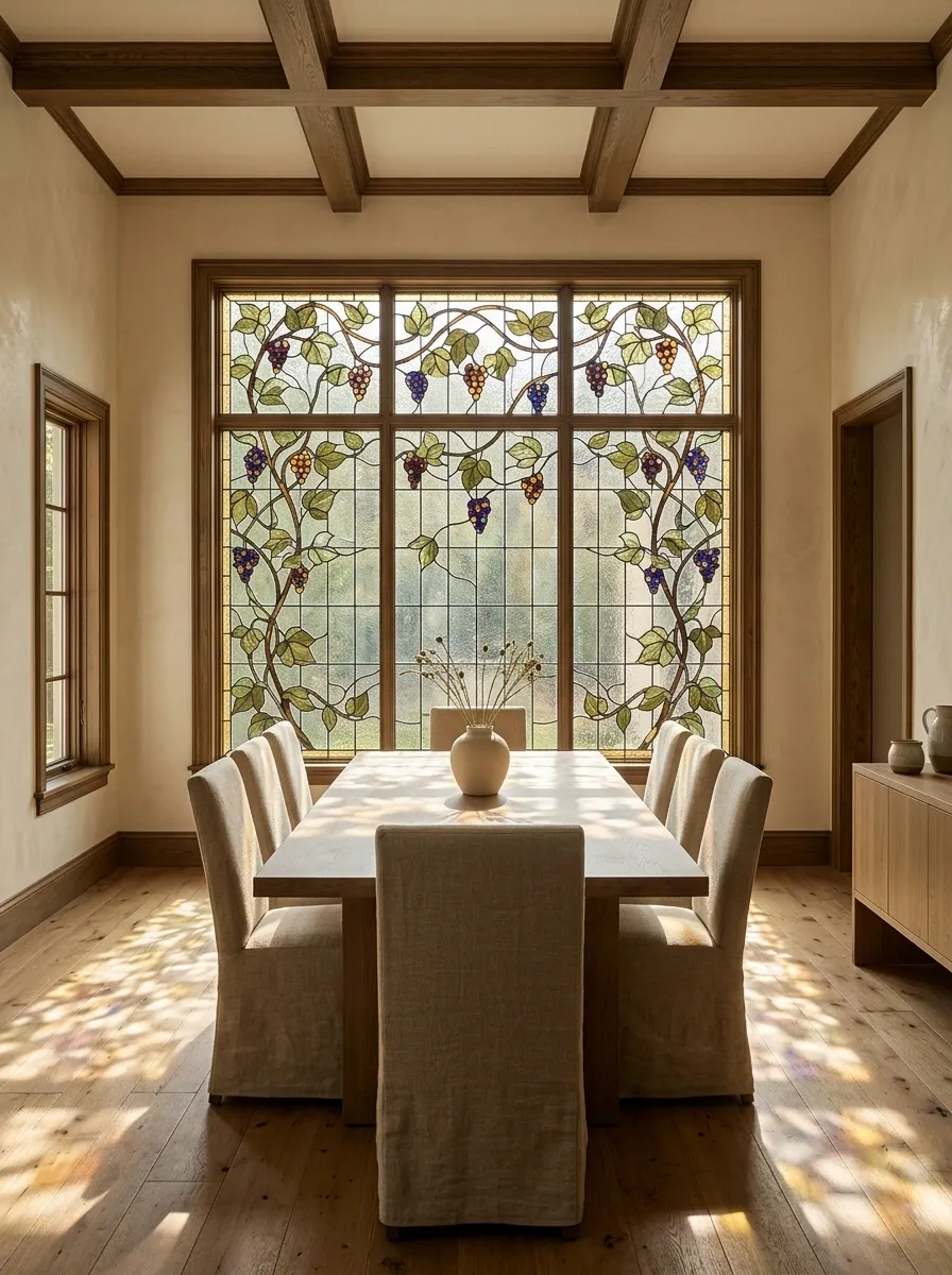 Dining Room Window Framed by a Grapevine Motif