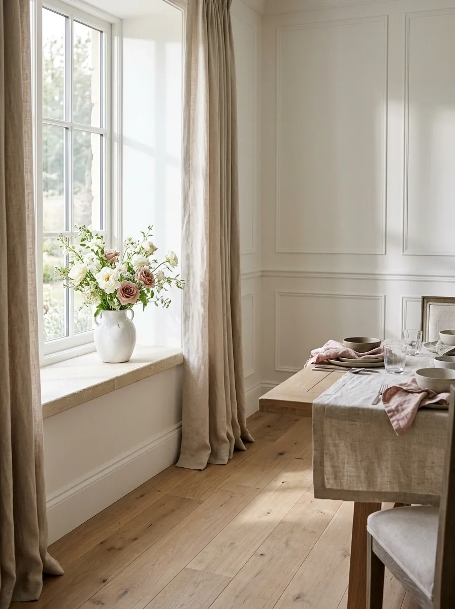 Dining Room Window With Fresh Flowers and Coordinated Tableware