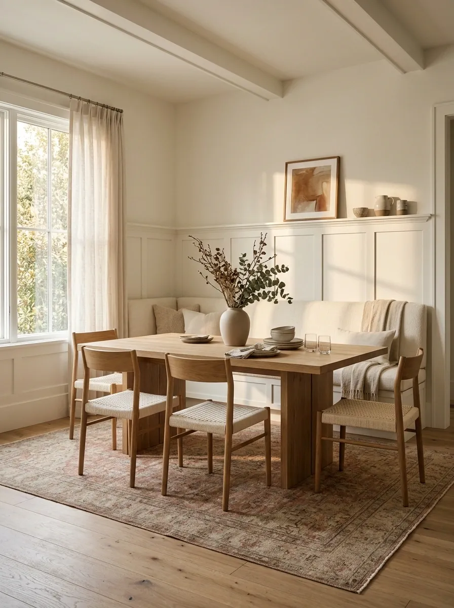 Dining Room With a Built-In Banquette and Oversized Rug