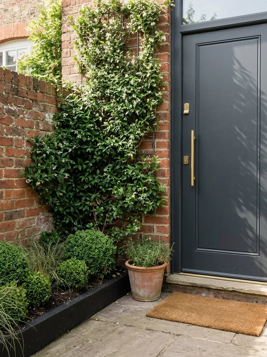Doorstep Garden With a Wall-Climbing Plant and a Clear Lower Level