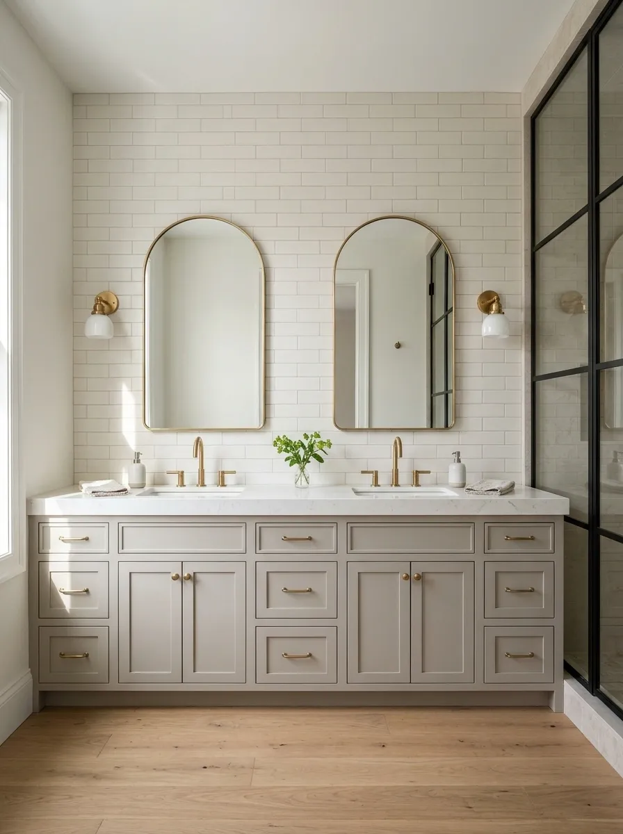 Double-Basin Bathroom With a Long Dresser Vanity and Quiet Wall Tile