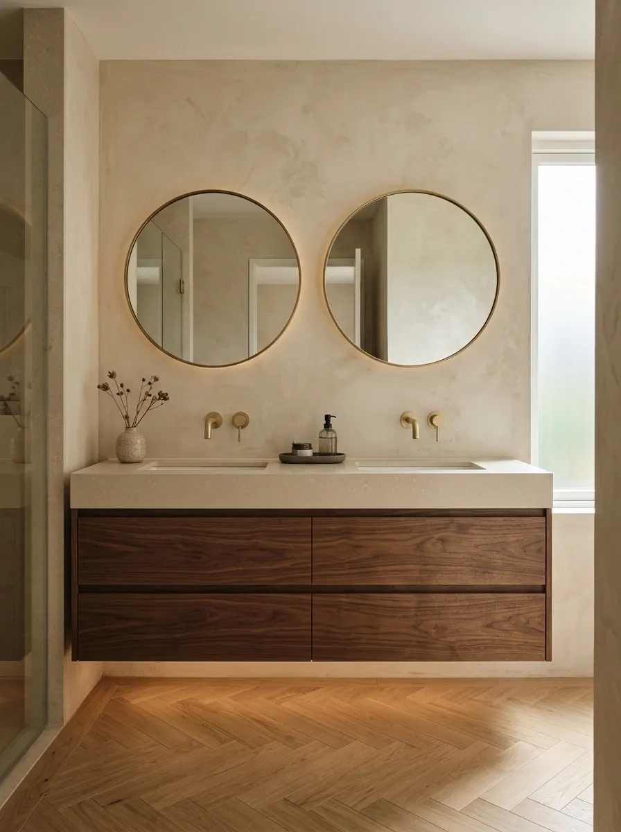 Double Beige Vanity With Walnut Drawers and Gold Mirrors
