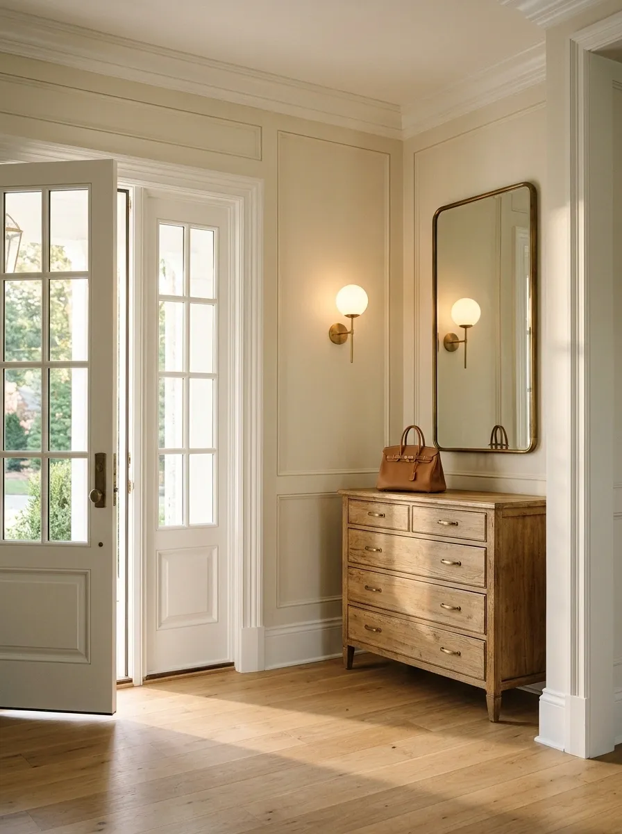 Double-Door Foyer Corner With a Shallow Chest and Matching Wall Light