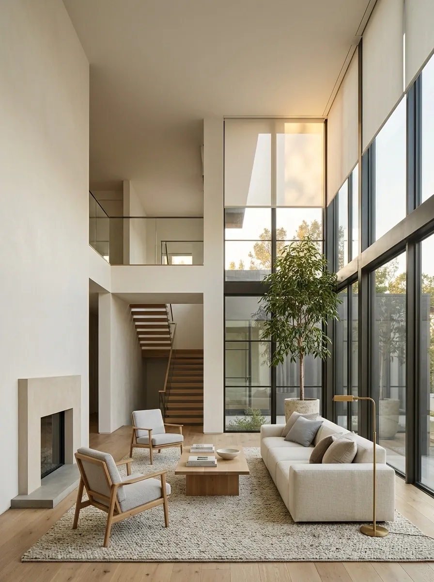Double-Height Living Room With Concealed Motorized Shades