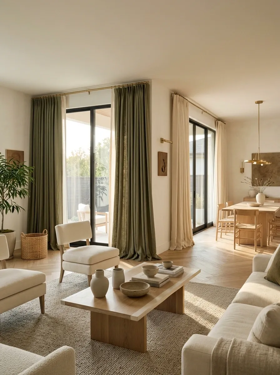 Double-Sided Drapes for an Open-Plan Living and Dining Area