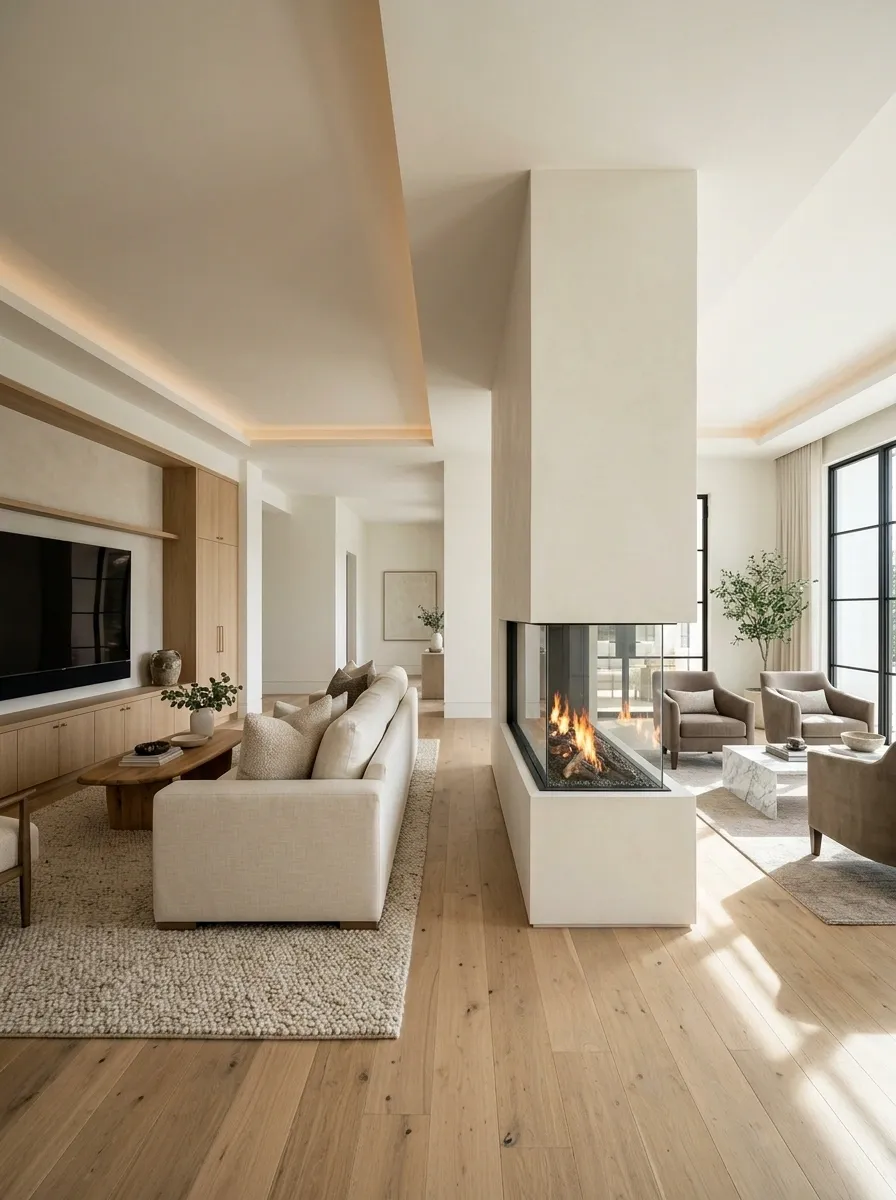 Double-Sided Fireplace Between Two Connected Living Areas