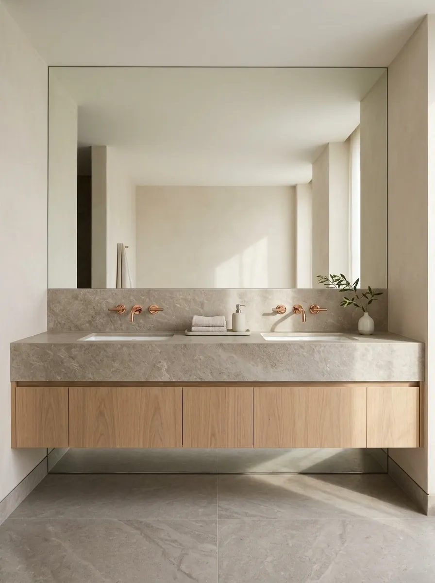 Double Vanity Bathroom With Greige Stone and Paired Rose Gold Taps