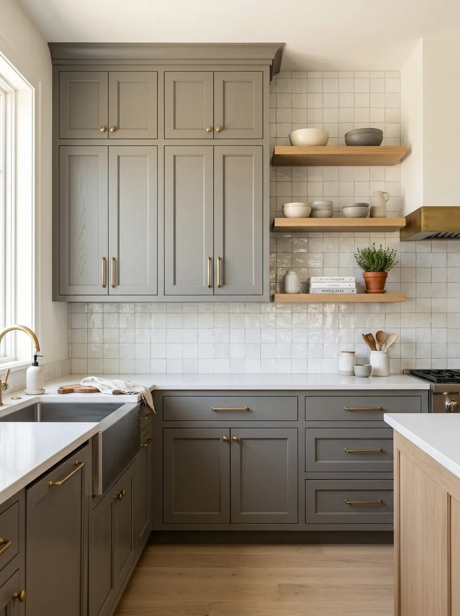 Dove Gray Cabinets With White Zellige Tile