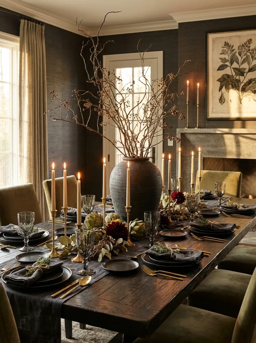 Dramatic Autumn Table With Tall Branches and Layered Candlelight