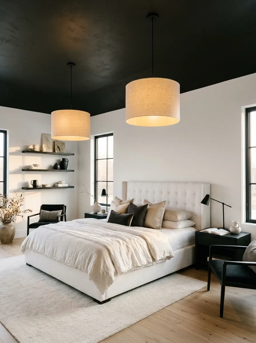 Dramatic Bedroom With a Black Ceiling and White Walls